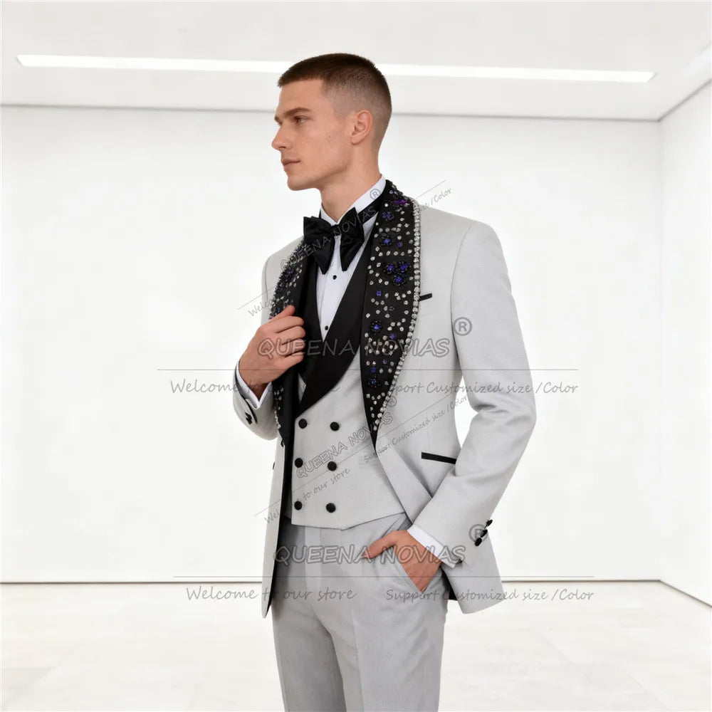 Brilliant Jewelry Stones Groom Tuxedos Suit 3 Pieces Sets Customized Black Shawl Lapel Blazers Man Wedding Attire Outfits 2026