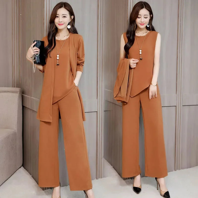 Three-Piece Suit For Women's 2025 New Long Windbreaker Cardigan Spring Autumn Temperament Female 3 PCS Vest Pant Sets Elegant