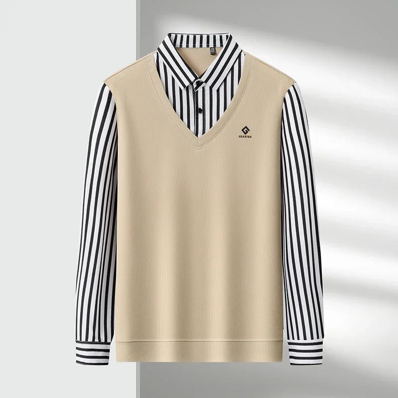 Mens Casual Fake Two Piece Sweater Shirt Striped Collar Long Sleeve V Neck Pullover For Business And Daily
