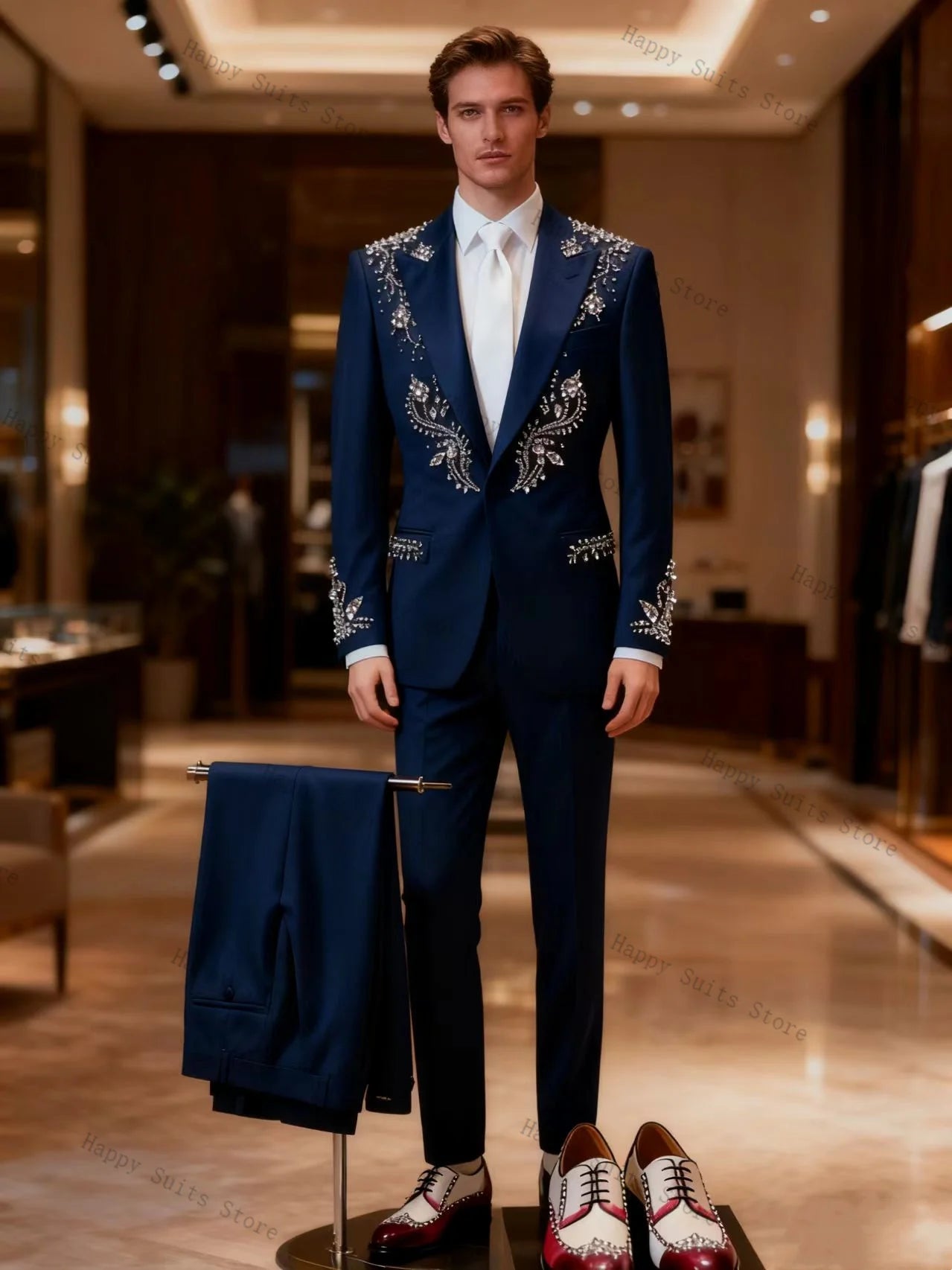 Crystals Blue Men Suit Set 2 Pcs Groom Blazer+Cotton Pants Trousers Formal Office Coat Wedding Tuxedos Customized Jacket Outfit