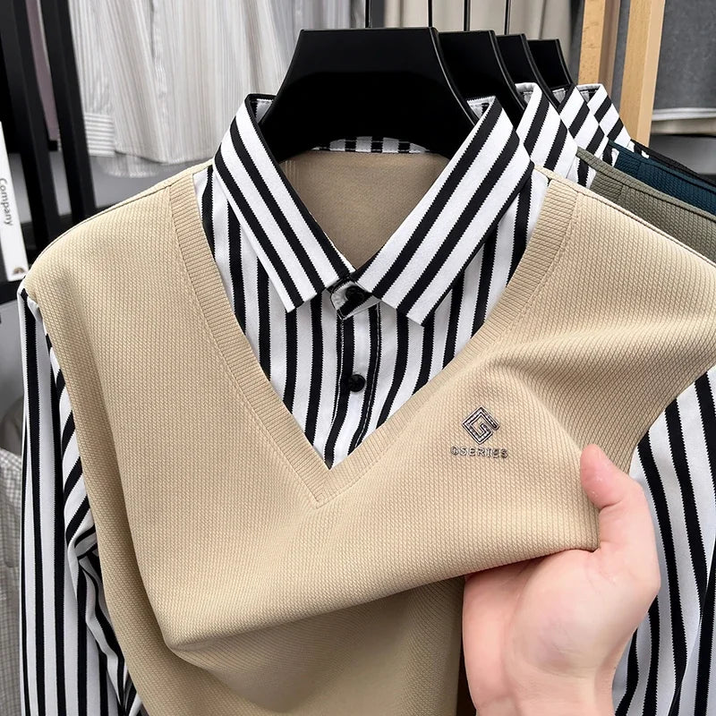 Mens Casual Fake Two Piece Sweater Shirt Striped Collar Long Sleeve V Neck Pullover For Business And Daily