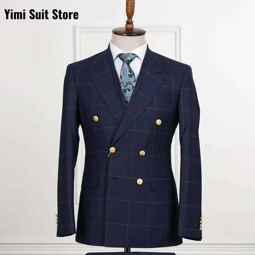 Yimi Luxury Check Plaid Double Breasted Suit for Men - Tailored Groom Wedding & Business Party Formal Outfit (Jacket + Pants)