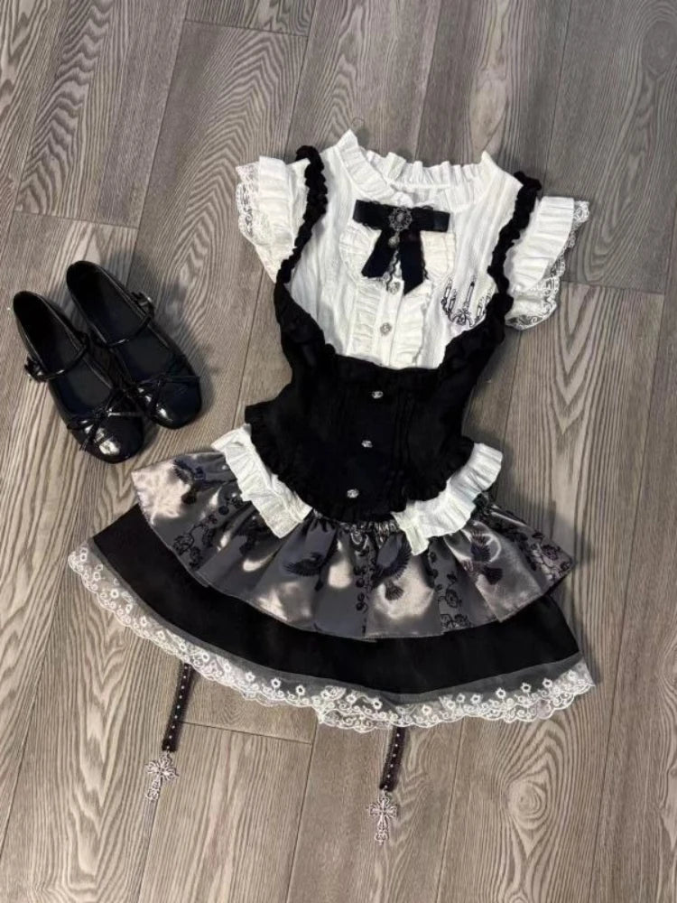 Aesthetic Y2k Lace Skinny 3-piece Set Women Gothic Chic Slash Neck Sling Long Sleeve Cardigan + High Waist Plaid Skirt Suit New