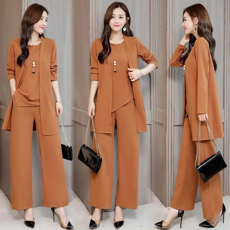 Three-Piece Suit For Women's 2025 New Long Windbreaker Cardigan Spring Autumn Temperament Female 3 PCS Vest Pant Sets Elegant