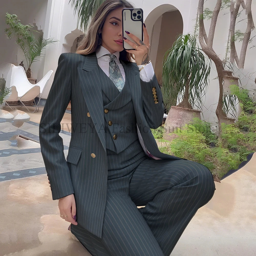 Luxury Navy Blue Striped  Women's Suits Single Breasted 3 Pieces Jacket Pants Vest Female Clothing Office Lady's Blazers Sets