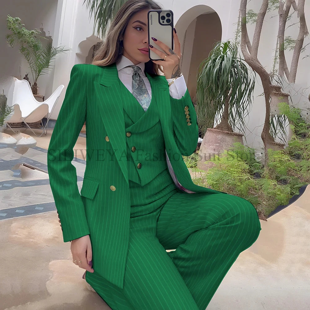 Luxury Navy Blue Striped  Women's Suits Single Breasted 3 Pieces Jacket Pants Vest Female Clothing Office Lady's Blazers Sets