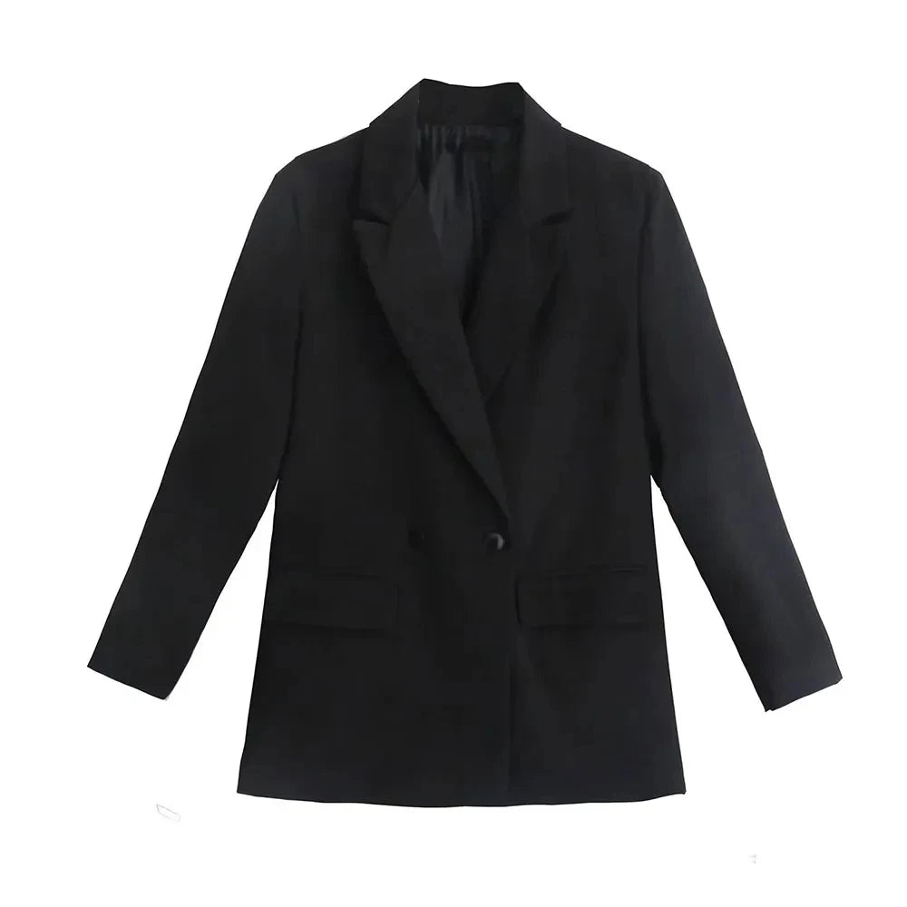 Willshela Women Fashion With Pockets Solid Double Breasted Blazer Vintage Long Sleeves Notched Neck Female Office Lady Outfits