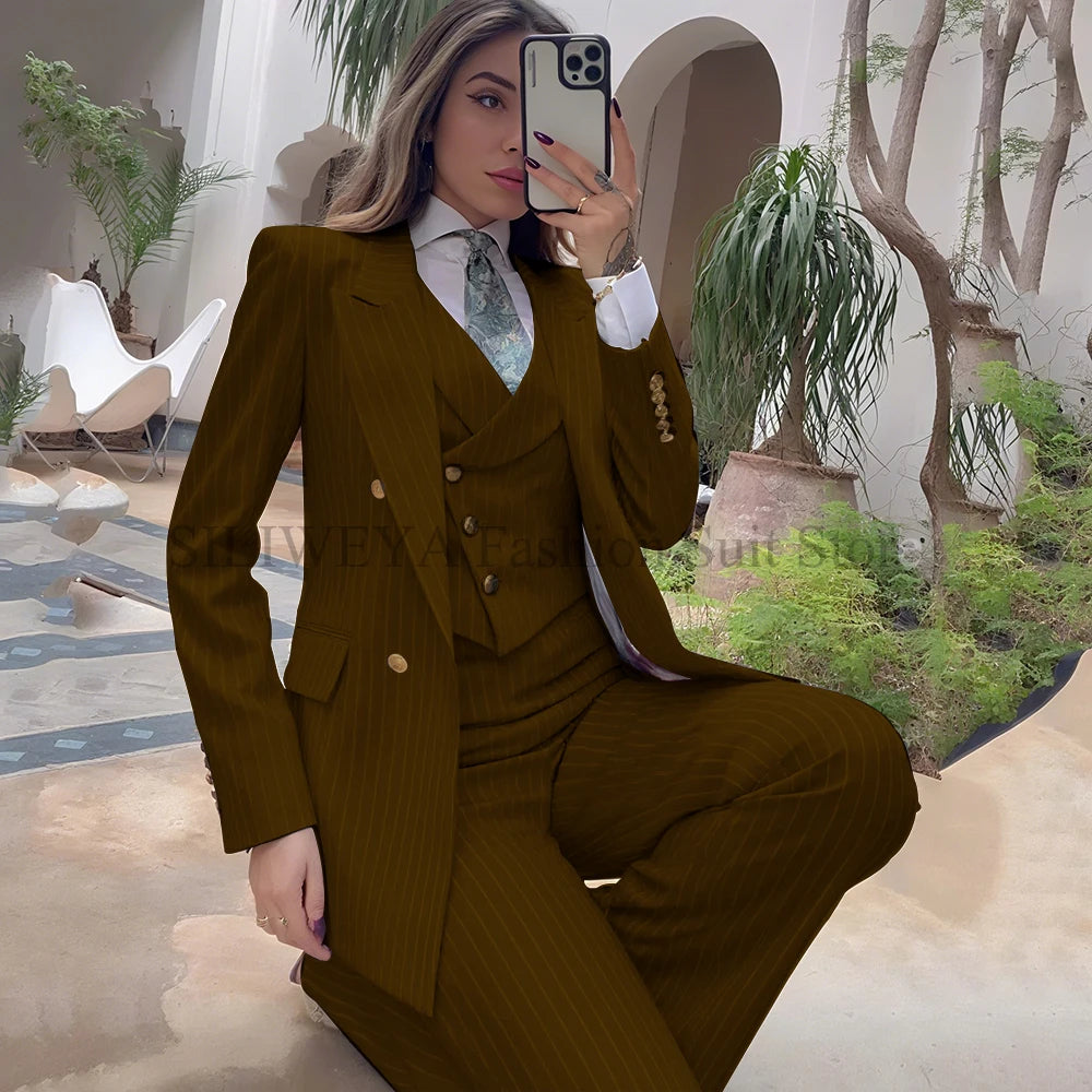 Luxury Navy Blue Striped  Women's Suits Single Breasted 3 Pieces Jacket Pants Vest Female Clothing Office Lady's Blazers Sets