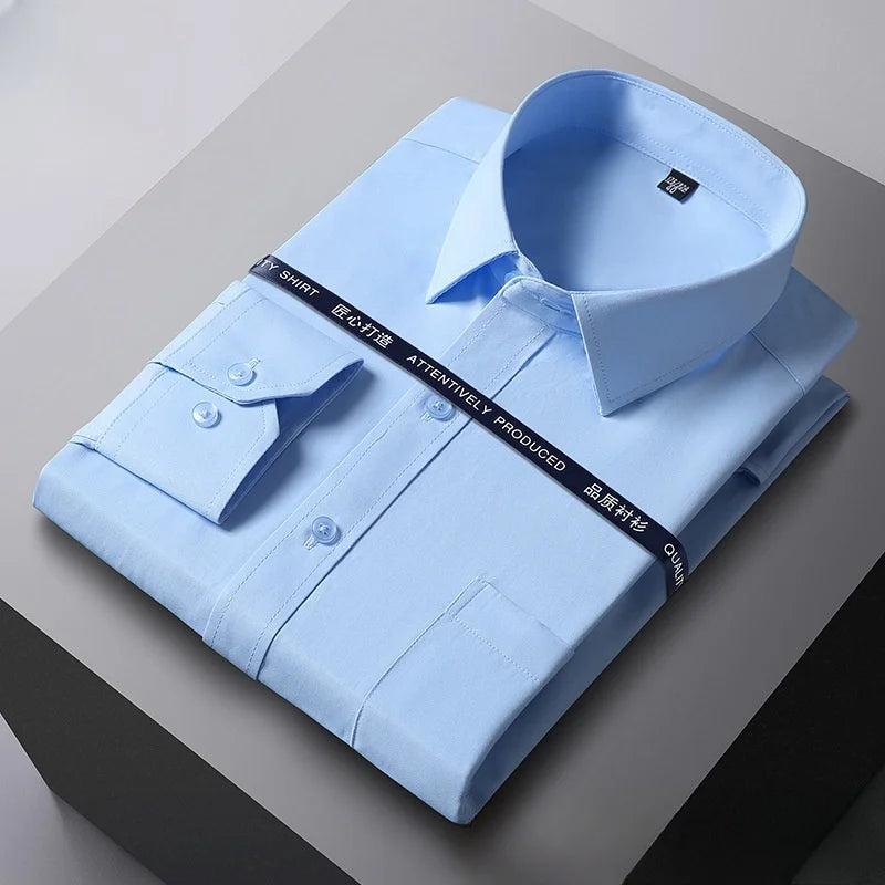 Men Formal Shirt Long Sleeve Office Solid Color Anti-Wrinkle Fashion Business Pocket White Social Pocket OfficeWhite Shirt S-5XL