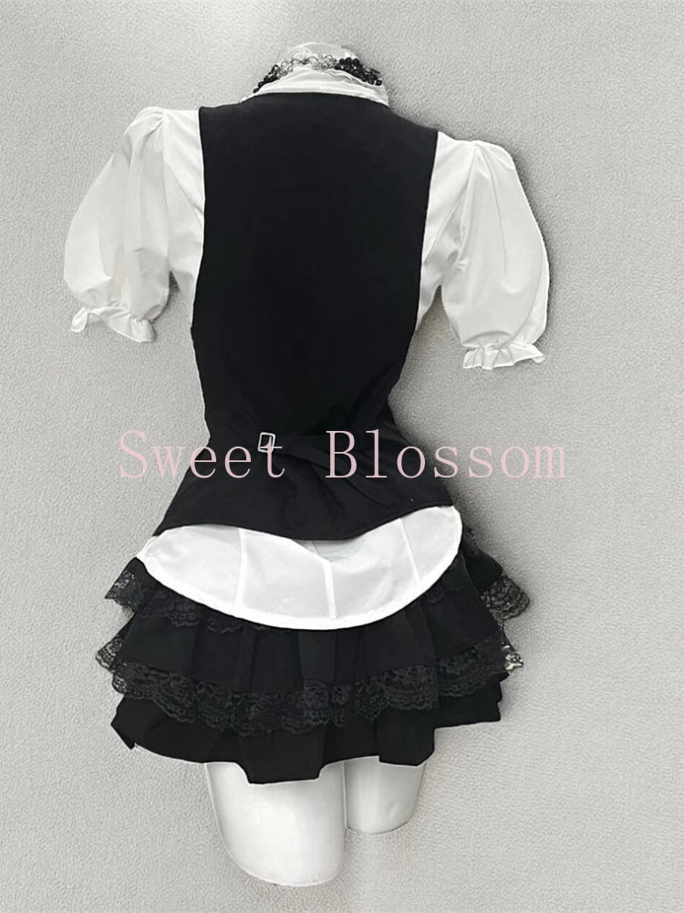 Harajuku Gothic Retro Chic Outfit Women Bubble Sleeve Shirt + Slim Vest + Short Cake Skirt New Vintage Fashion 3 Piece Suit 2025