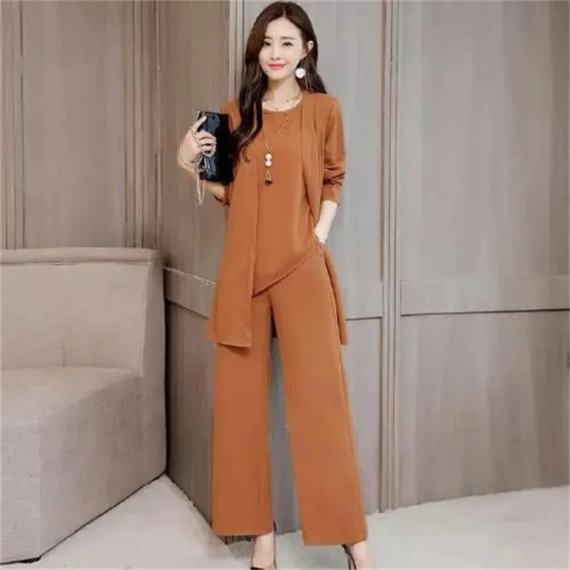 Three-Piece Suit For Women's 2025 New Long Windbreaker Cardigan Spring Autumn Temperament Female 3 PCS Vest Pant Sets Elegant