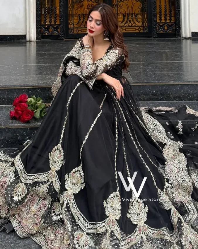Custom Black Prom Dress Traditional Algerian Square-Neck Beaded Embroidered A-Line Arabic Henna Dress Evening Gown Customized