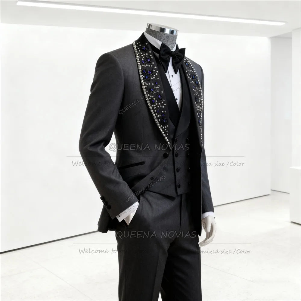 Brilliant Jewelry Stones Groom Tuxedos Suit 3 Pieces Sets Customized Black Shawl Lapel Blazers Man Wedding Attire Outfits 2026