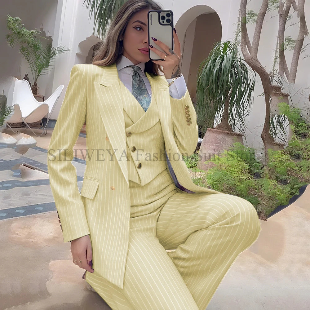 Luxury Navy Blue Striped  Women's Suits Single Breasted 3 Pieces Jacket Pants Vest Female Clothing Office Lady's Blazers Sets