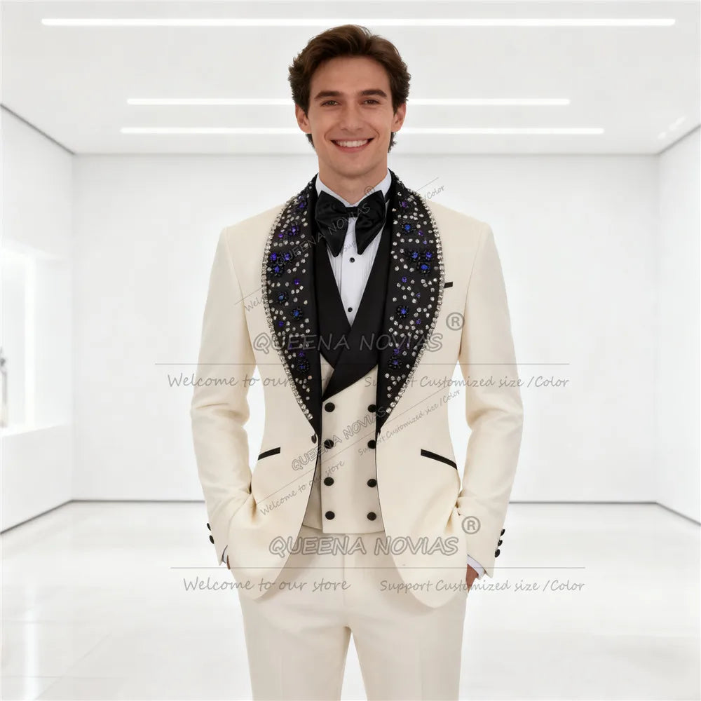 Brilliant Jewelry Stones Groom Tuxedos Suit 3 Pieces Sets Customized Black Shawl Lapel Blazers Man Wedding Attire Outfits 2026