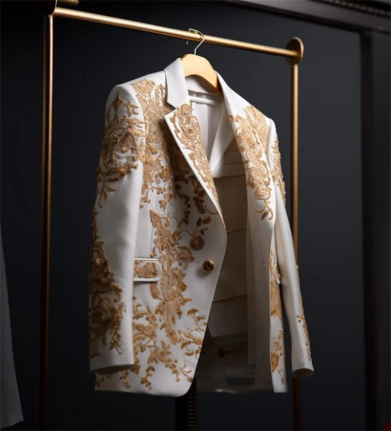 White Men Suit Set 2 Piece Appliqued Blazer+Pants Trouser Customized Cotton Formal Office Jacket Prom Wedding Tuxedo Coat Outfit