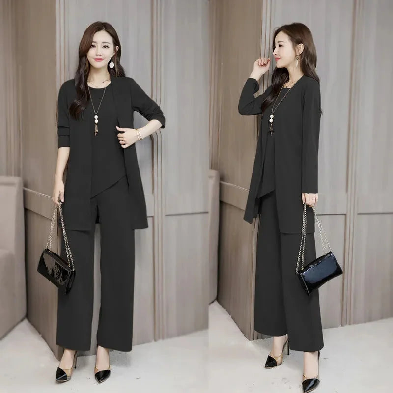 Three-Piece Suit For Women's 2025 New Long Windbreaker Cardigan Spring Autumn Temperament Female 3 PCS Vest Pant Sets Elegant