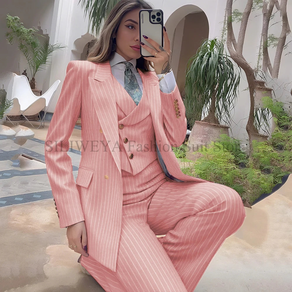 Luxury Navy Blue Striped  Women's Suits Single Breasted 3 Pieces Jacket Pants Vest Female Clothing Office Lady's Blazers Sets