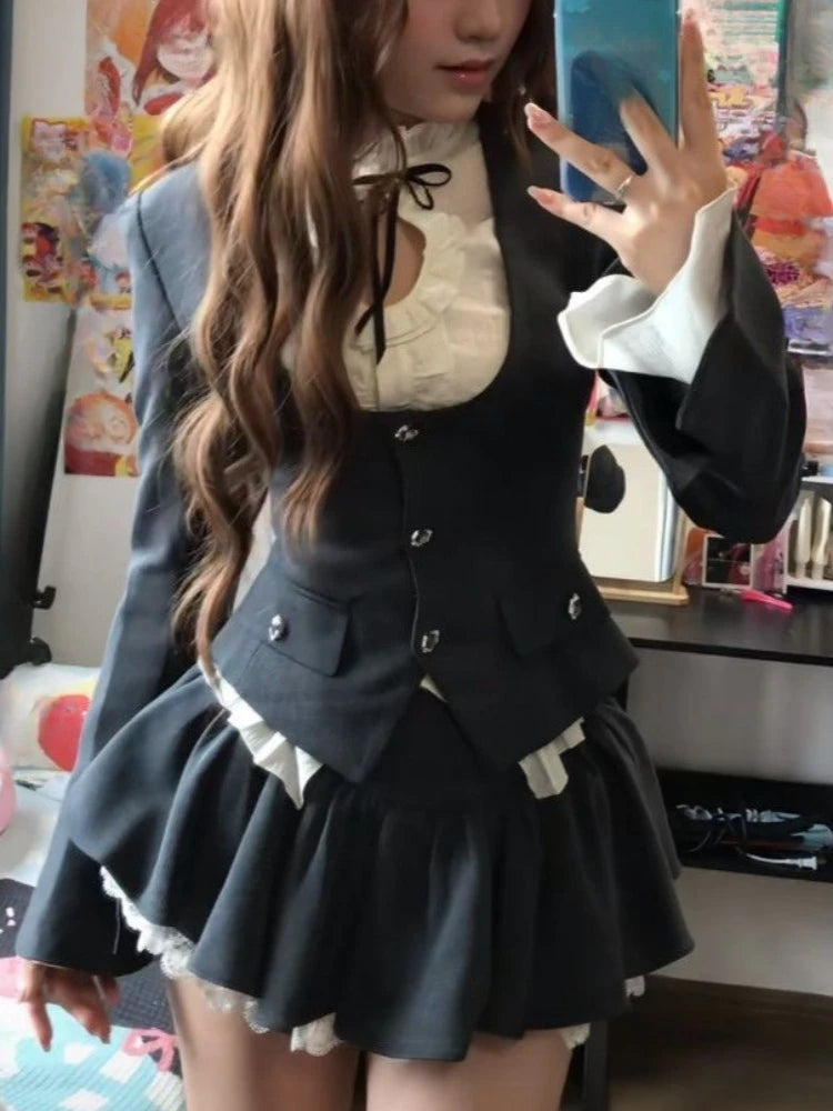 Harajuku Gothic Retro Chic Outfit Women Bubble Sleeve Shirt + Slim Vest + Short Cake Skirt New Vintage Fashion 3 Piece Suit 2025