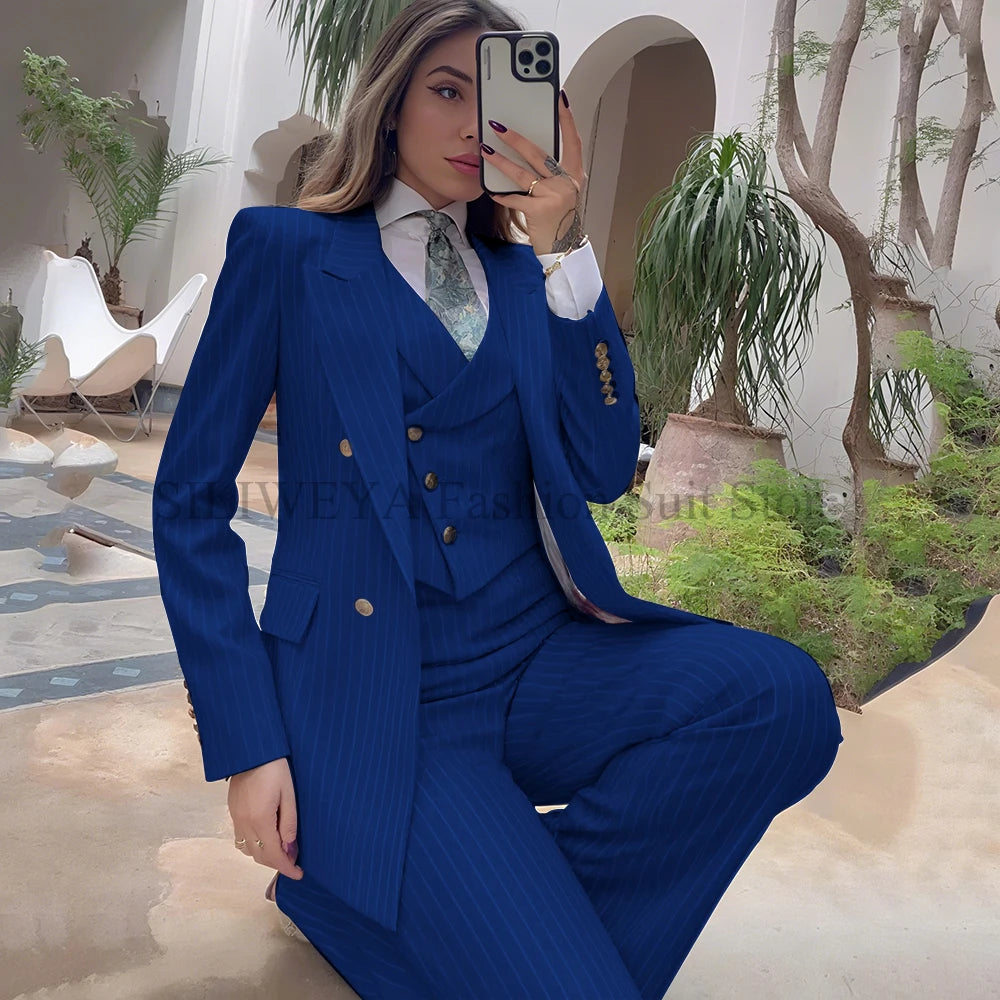 Luxury Navy Blue Striped  Women's Suits Single Breasted 3 Pieces Jacket Pants Vest Female Clothing Office Lady's Blazers Sets