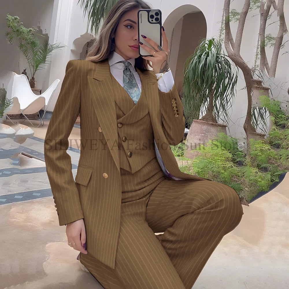Luxury Navy Blue Striped  Women's Suits Single Breasted 3 Pieces Jacket Pants Vest Female Clothing Office Lady's Blazers Sets