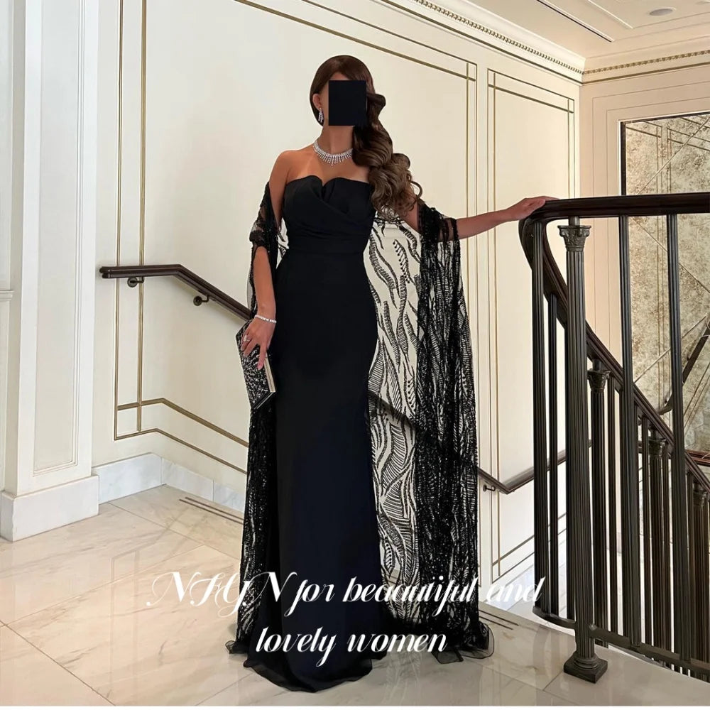 NFYN Black Elegant Prom Dress Strapless Sleeveless Prom Gown Lace Pleating Mermaid Evening Dresses for Woman 프롬 드레스 Customized