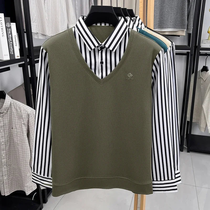 Mens Casual Fake Two Piece Sweater Shirt Striped Collar Long Sleeve V Neck Pullover For Business And Daily