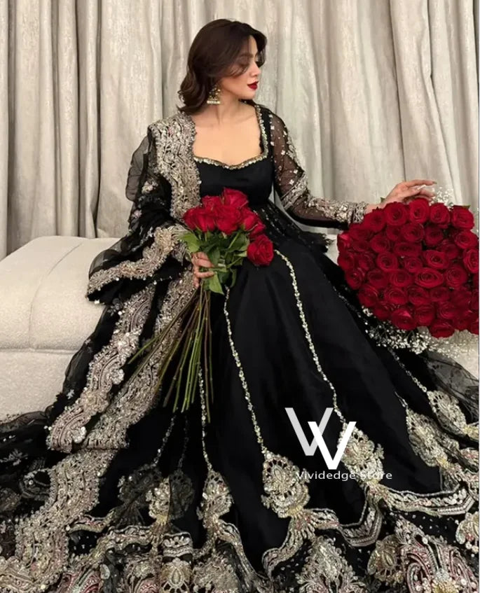 Custom Black Prom Dress Traditional Algerian Square-Neck Beaded Embroidered A-Line Arabic Henna Dress Evening Gown Customized