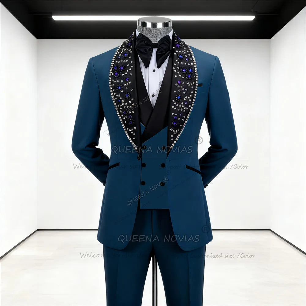 Brilliant Jewelry Stones Groom Tuxedos Suit 3 Pieces Sets Customized Black Shawl Lapel Blazers Man Wedding Attire Outfits 2026