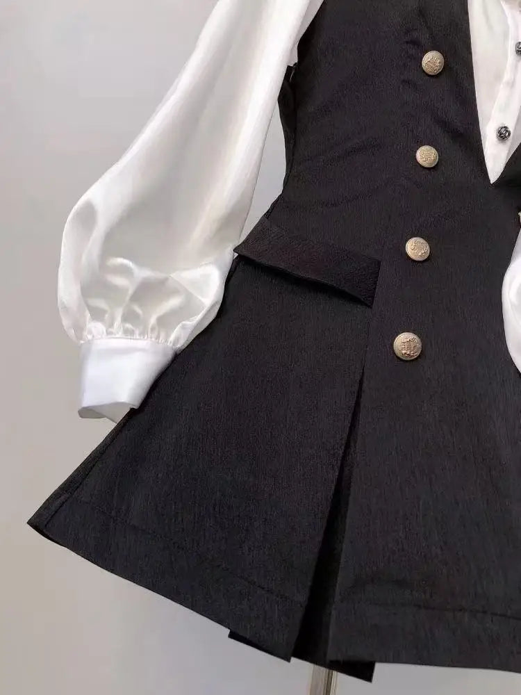 Harajuku Gothic Retro Chic Outfit Women Bubble Sleeve Shirt + Slim Vest + Short Cake Skirt New Vintage Fashion 3 Piece Suit 2025