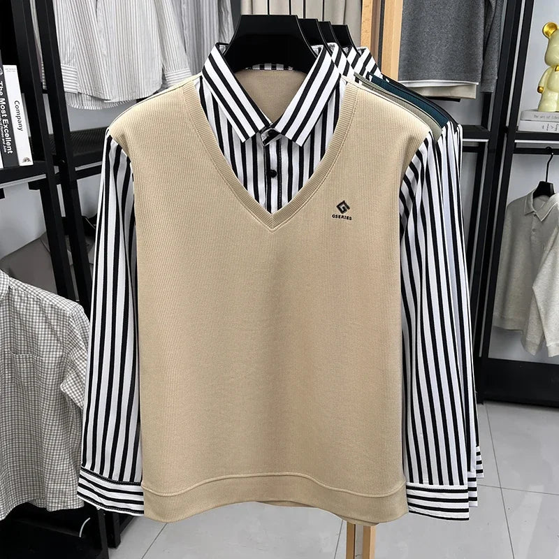 Mens Casual Fake Two Piece Sweater Shirt Striped Collar Long Sleeve V Neck Pullover For Business And Daily