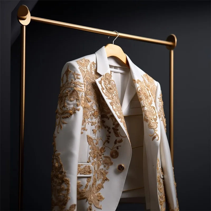 White Men Suit Set 2 Piece Appliqued Blazer+Pants Trouser Customized Cotton Formal Office Jacket Prom Wedding Tuxedo Coat Outfit