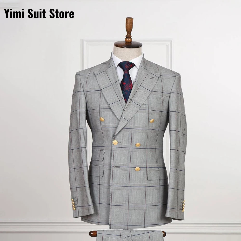 Yimi Luxury Check Plaid Double Breasted Suit for Men - Tailored Groom Wedding & Business Party Formal Outfit (Jacket + Pants)