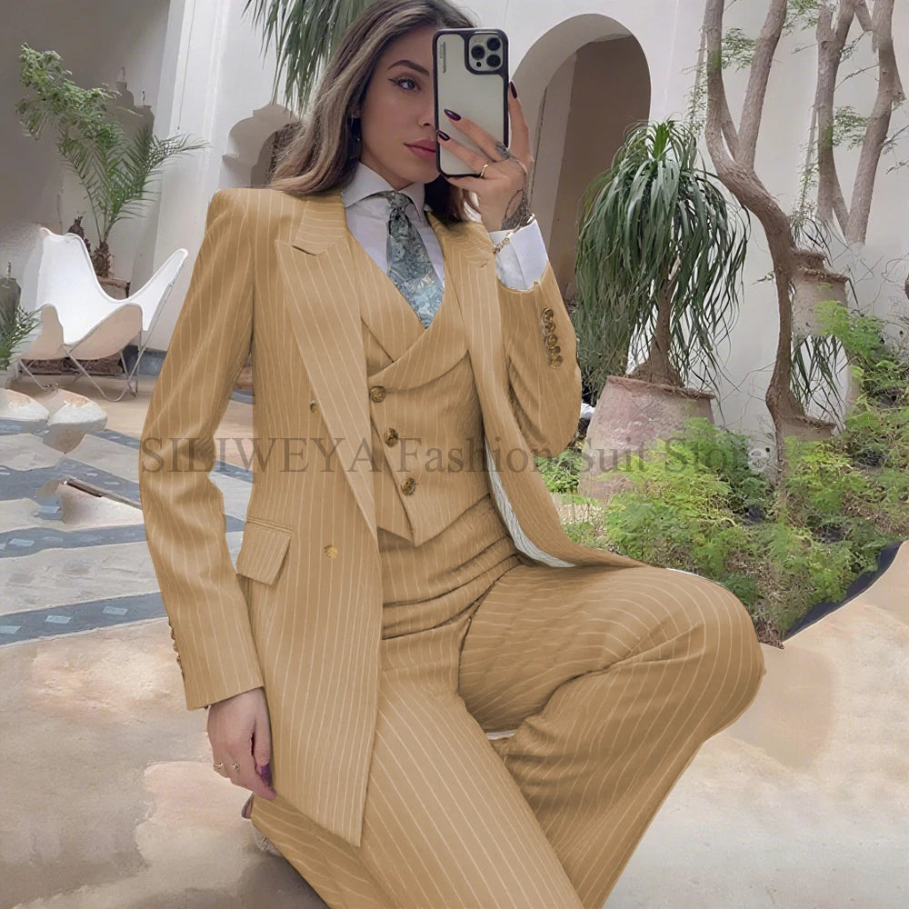 Luxury Navy Blue Striped  Women's Suits Single Breasted 3 Pieces Jacket Pants Vest Female Clothing Office Lady's Blazers Sets