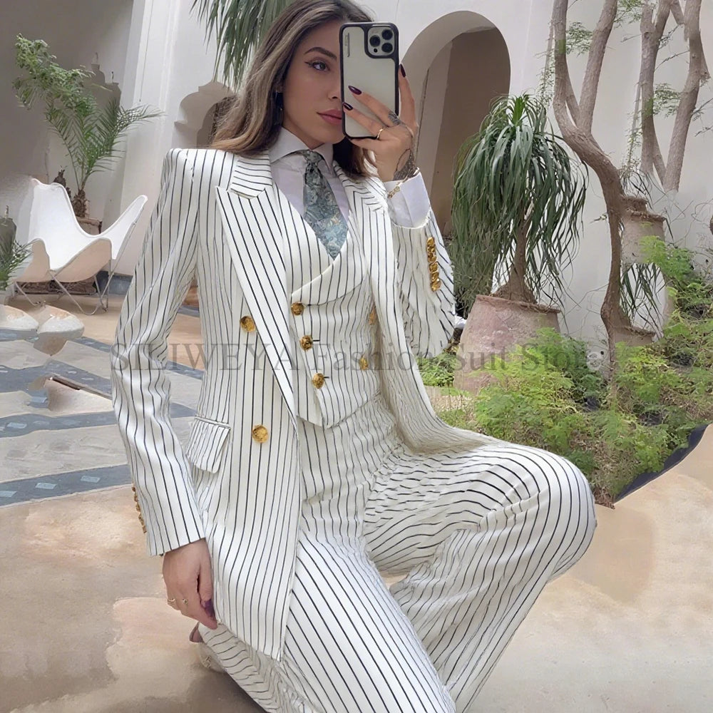 Luxury Navy Blue Striped  Women's Suits Single Breasted 3 Pieces Jacket Pants Vest Female Clothing Office Lady's Blazers Sets