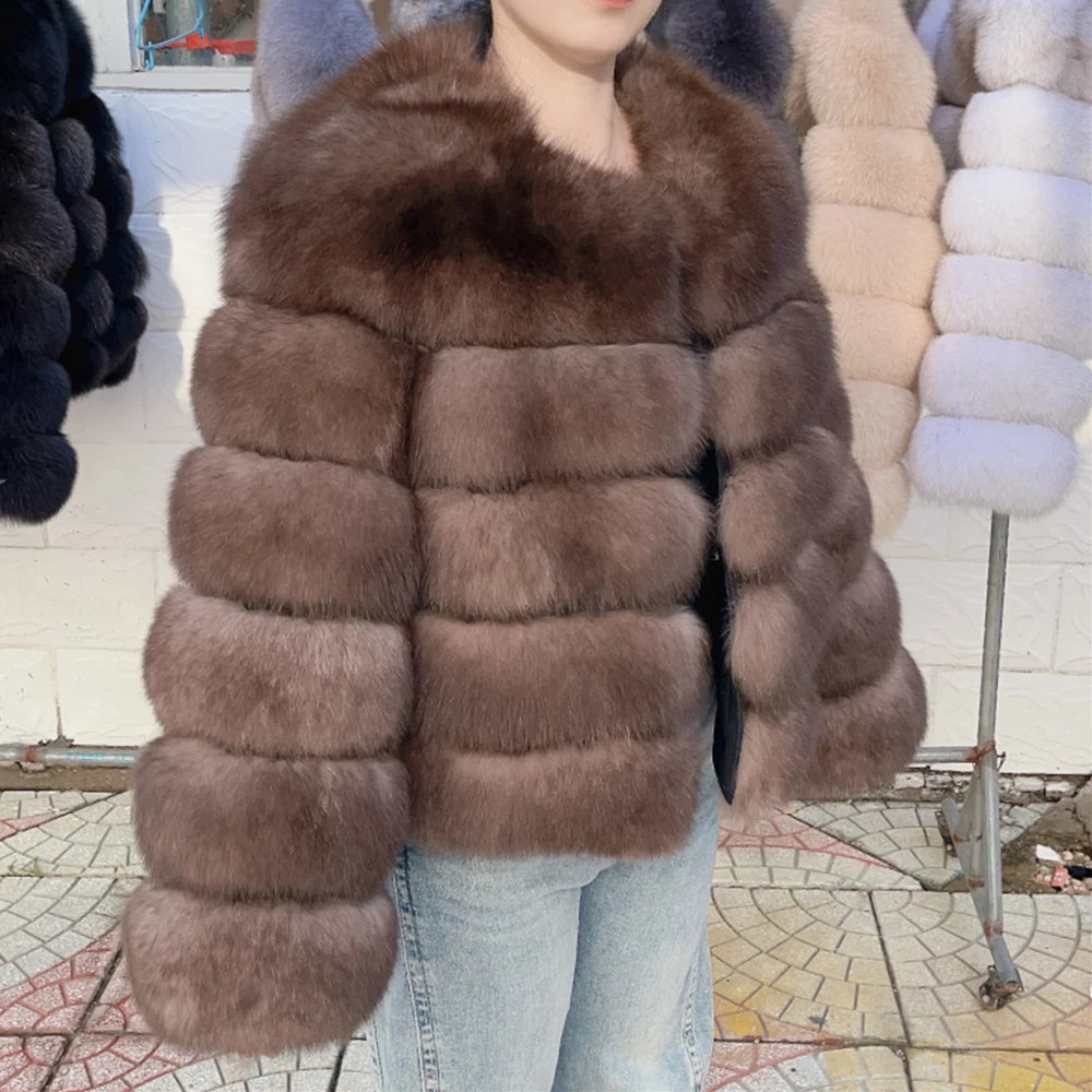 QUEENTINA Fox Fur Coat Real Winter Women'S Fashion Brown 2025 Leather And Skin Clothing Natural New In Coats & Jackets Outerwear