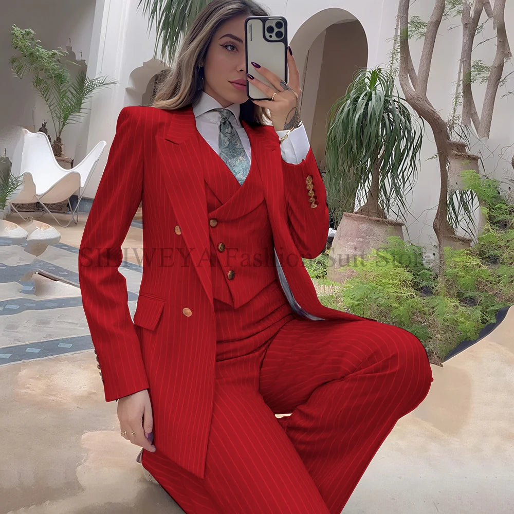 Luxury Navy Blue Striped  Women's Suits Single Breasted 3 Pieces Jacket Pants Vest Female Clothing Office Lady's Blazers Sets